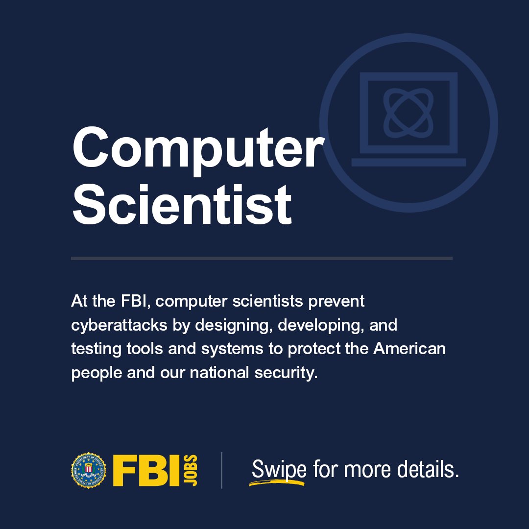 FBIJobs's tweet image. As #cyber threats continue to evolve, the #FBI&apos;s ability to counter them evolves simultaneously. As a #ComputerScientist, you’ll build solutions that bolster #NationalSecurity. Forge your path. Sign up for the FBI Talent Network today. #FBIJobs
fbijobs.gov/stem/technolog…