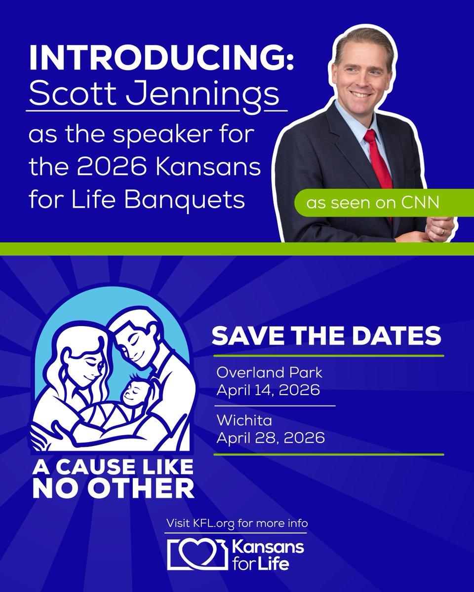 kansansforlife's tweet photo. We’re excited to welcome @ScottJenningsKY to Kansas for two powerful evenings at the 2026 KFL Banquets!

Scott is known for his bold, steady presence on CNN’s primetime roundtable, where he often stands alone on the right side of the life issue. Join us this spring as he brings that same boldness to the KFL stage.

📍 Overland Park | April 14, 2026
📍 Wichita | April 28, 2026

More information can be found at https://t.co/FrMIJIQFTV!
