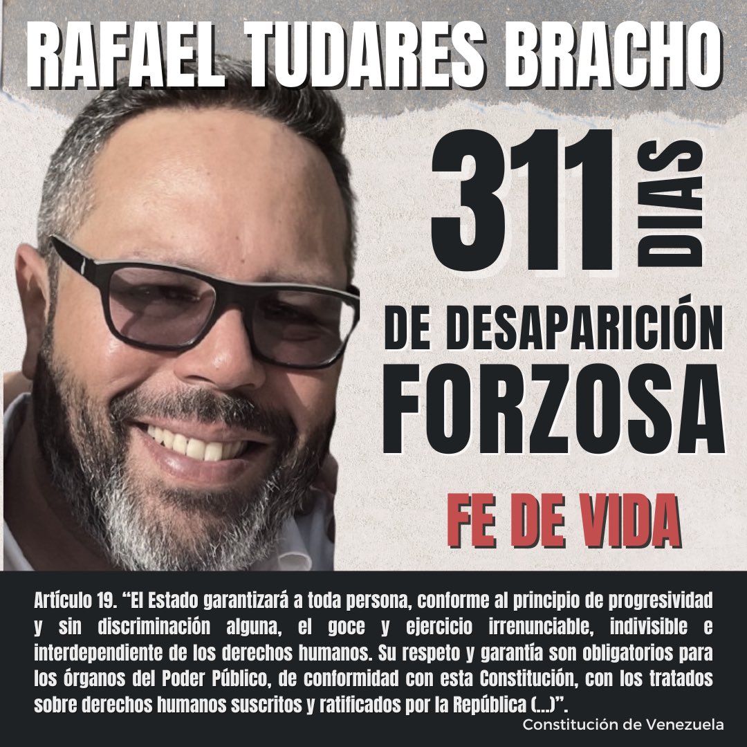 311 días de la desaparición forzada de mi esposo Rafael Tudares Bracho.

Rafael está sufriendo las consecuencias de un conflicto político con el cual no tiene relación. Rafael no es político, no influye ni incide en la política. Es un ciudadano inocente con derecho a su libertad.