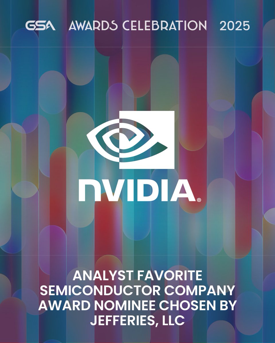 nvidia's tweet image. Honored to be nominated for the 2025 @GlobalSemi Analyst Favorite Semiconductor Company Award and the Most Respected Public Semiconductor Company Award. It’s a privilege to be recognized alongside other remarkable nominees.

See the full list: nvda.ws/4nULnvO
