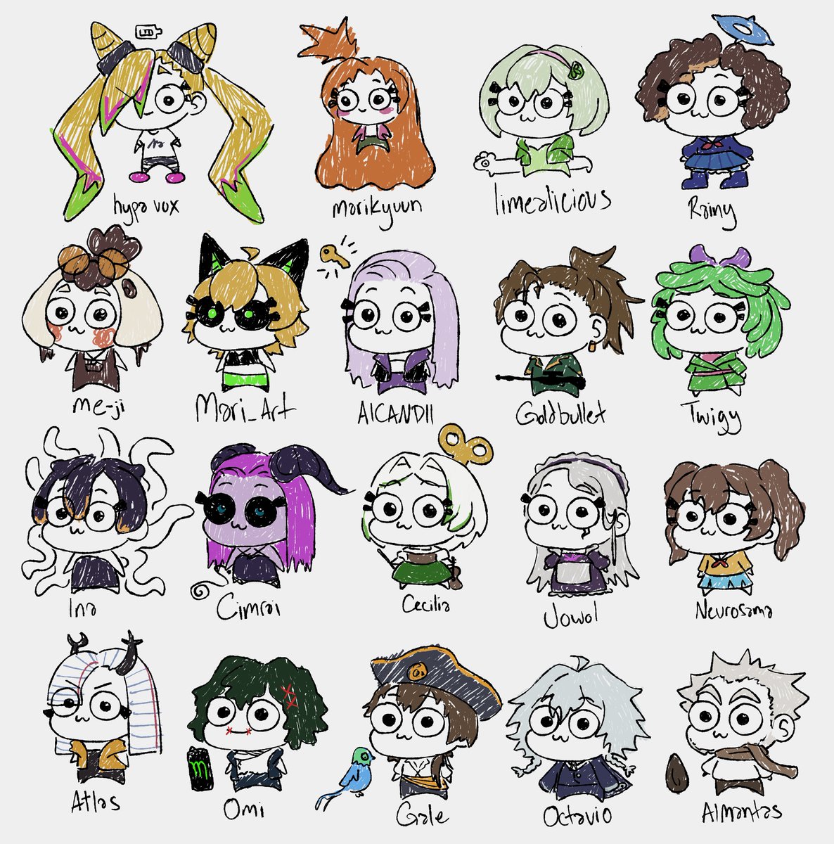 attempts at drawing some random vtubers from memory were made...