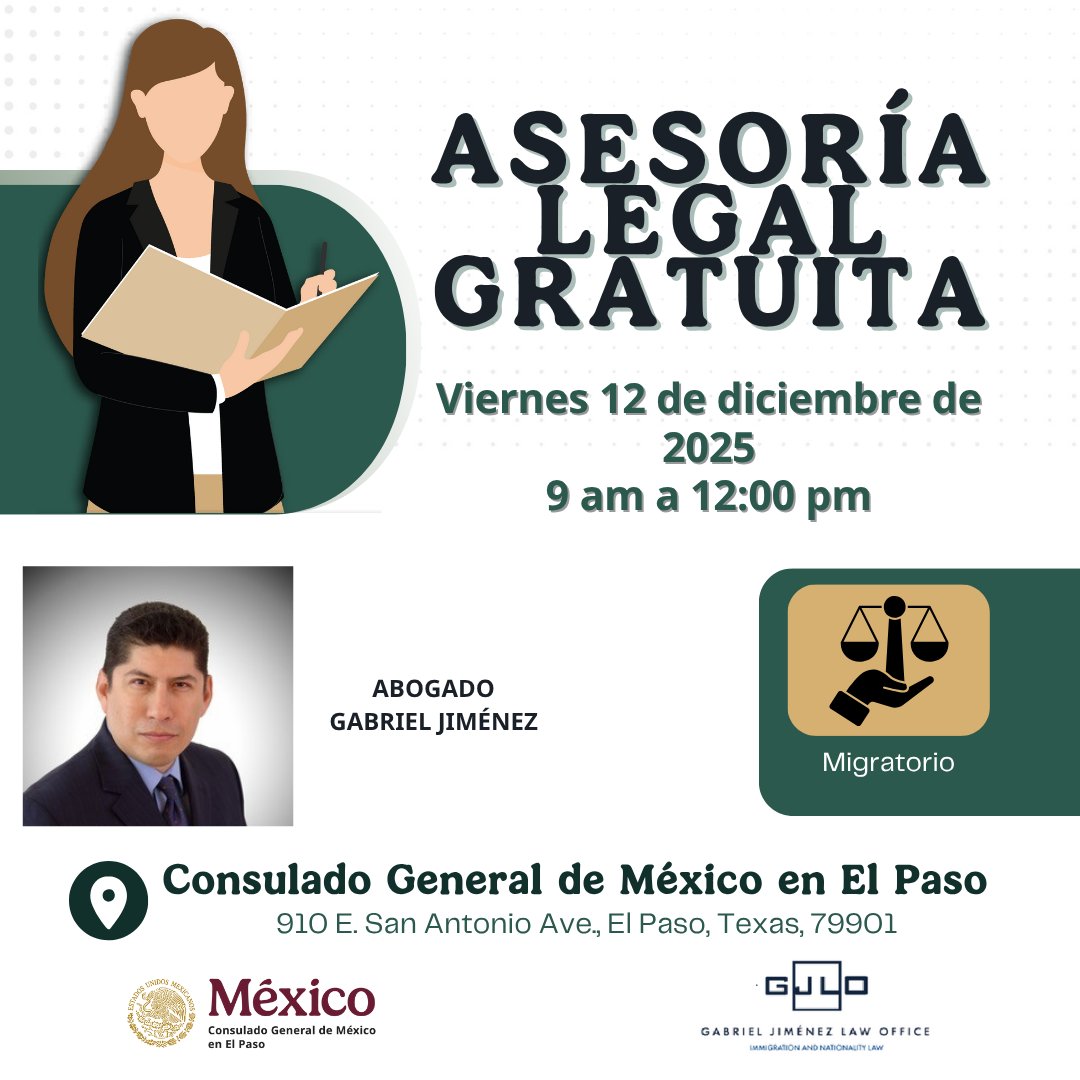 📌 Recuerda: un buen consejo legal puede ahorrarte tiempo y dinero.

Acércate a las Asesorías Legales Gratuitas

📅 12 y 19 de diciembre
🕘 9 am a 12 pm
📍 Consulado General de México en El Paso

¡Te esperamos!

#ProtecciónConsularMX #ProtecciónPreventiva #NoEstánSolos #PALE