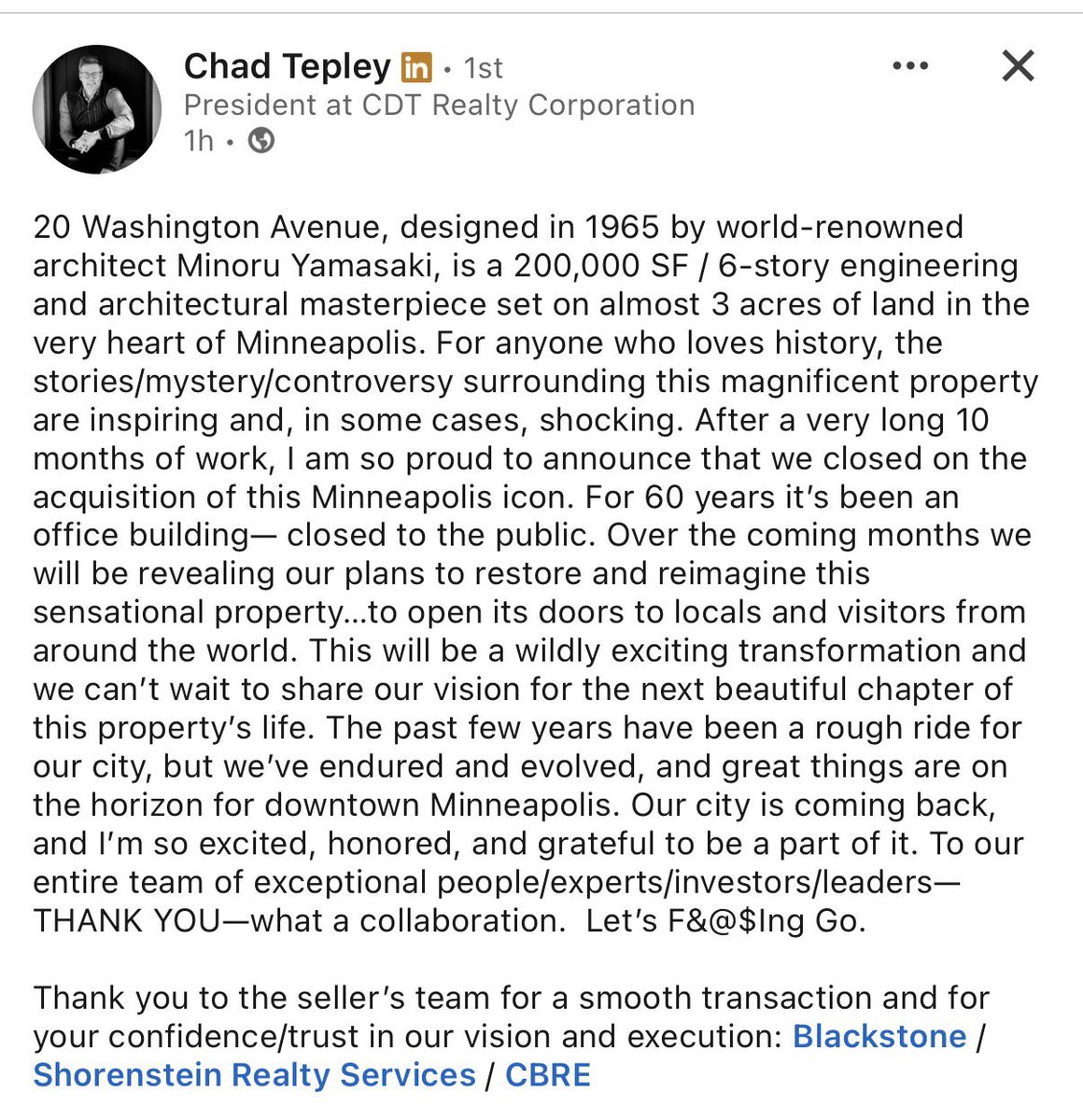 rhett_carlson's tweet image. Looks like the sale of the Yamasaki building finally closed 👀 

Developer Chad Tepley writing on LinkedIn “Over the coming months we will be revealing our plans to restore and reimagine this sensational property...to open its doors to locals and visitors from around the world.”…