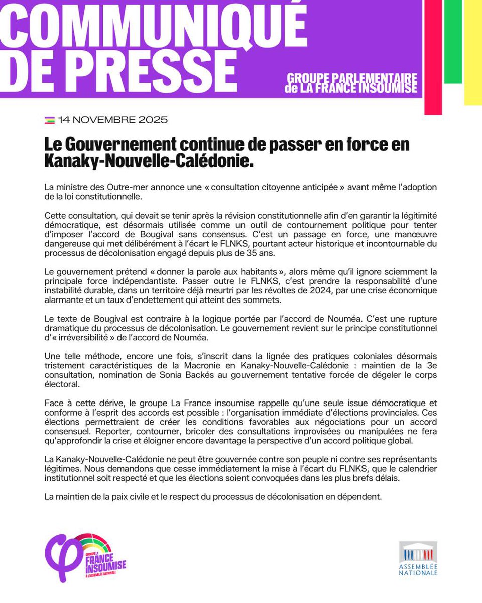 🔴📄  Le Gouvernement continue de passer en force en Kanaky-Nouvelle-Calédonie.

Notre communiqué ⤵️