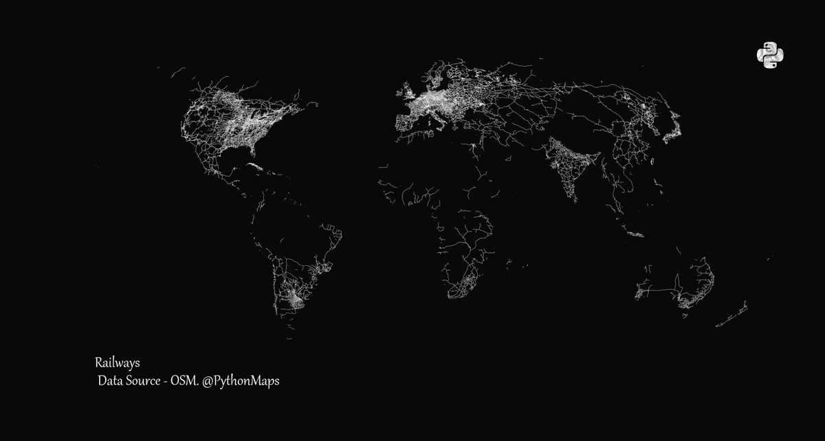 PythonMaps's tweet image. Day 14 of the #30DayMapChallenge Open Street Map - Railways.
