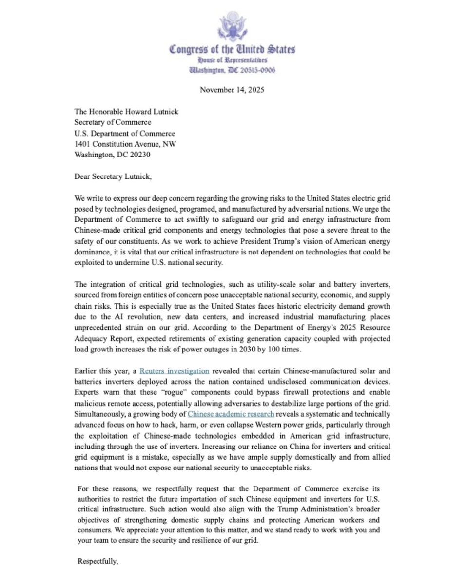 RepublicanStudy's tweet image. 🚨 55 RSC Members are calling on @CommerceGov to restrict imports of Chinese-made electric grid components that threaten our national and energy security.

Increasing our reliance on adversarial nations for inverters and critical grid equipment is a mistake, especially as we have…