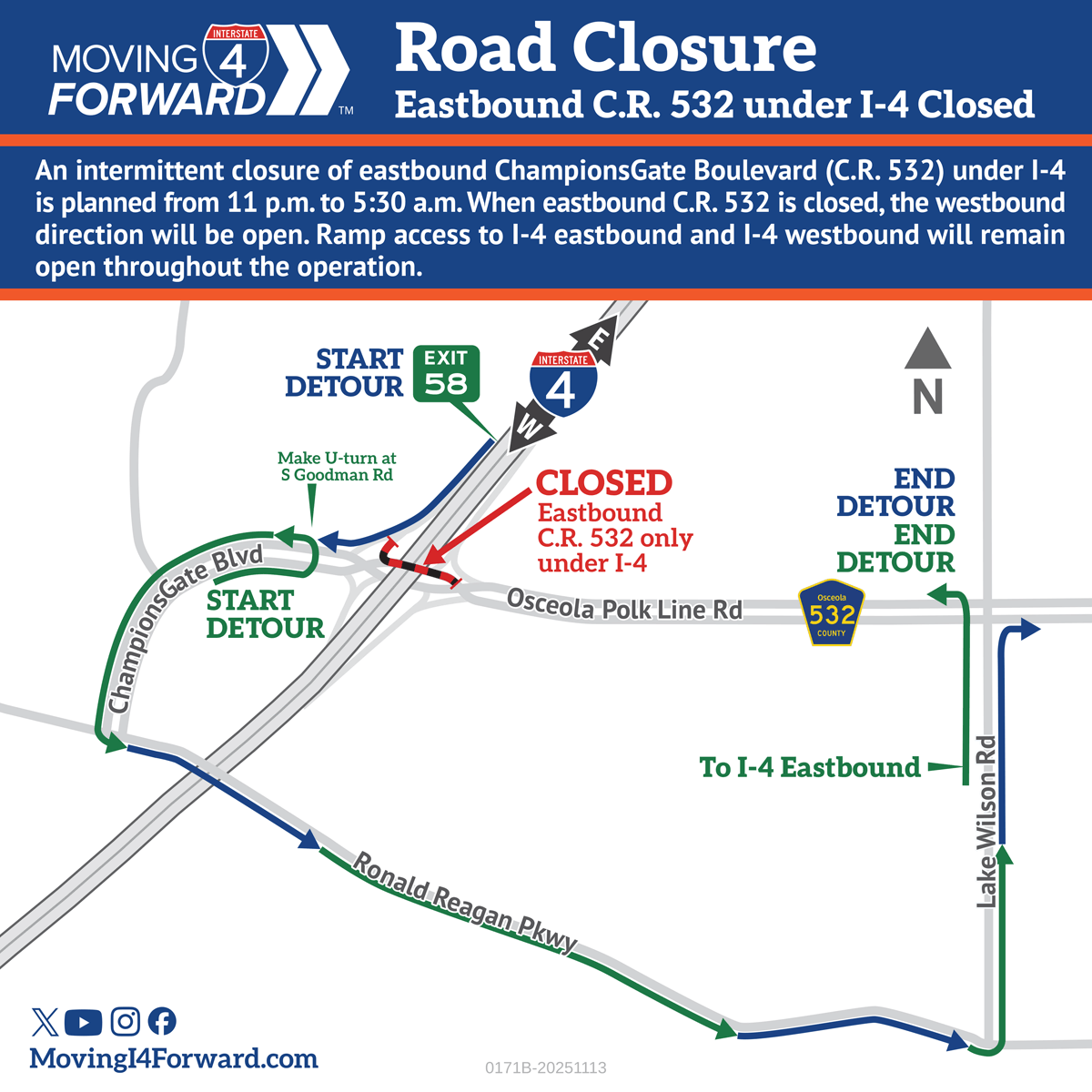 MyFDOT_CPO_MI4's tweet image. Traffic Advisory: C.R. 532 Closures under I-4 for Bridge Work.
11/16-11/18: FULL closure from 11 p.m. to 5:30 a.m.
11/18-11/21: Intermittent closures from 11 p.m. to 5:30 a.m. One direction will be open at all times.
Ramp access to I-4 eastbound and I-4 westbound will remain open…