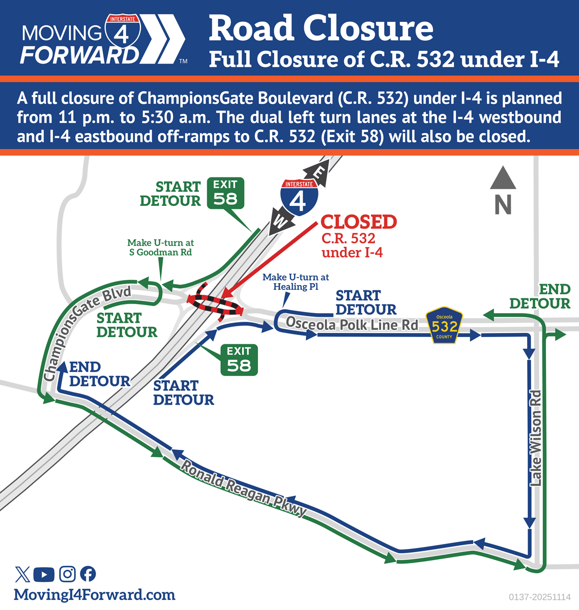 MyFDOT_CPO_MI4's tweet image. Traffic Advisory: C.R. 532 Closures under I-4 for Bridge Work.
11/16-11/18: FULL closure from 11 p.m. to 5:30 a.m.
11/18-11/21: Intermittent closures from 11 p.m. to 5:30 a.m. One direction will be open at all times.
Ramp access to I-4 eastbound and I-4 westbound will remain open…