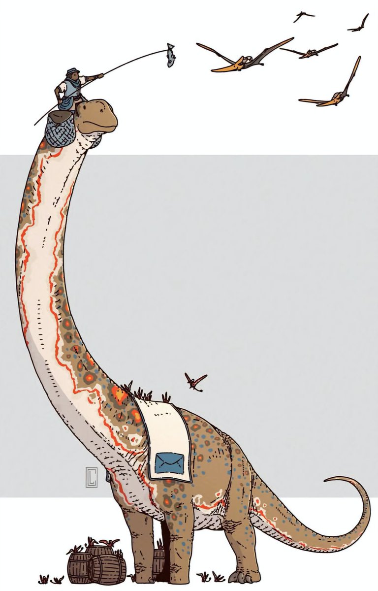 "Pterosaur messengers receiving a meal from a resupply sauropod caravan" by Clanaghan