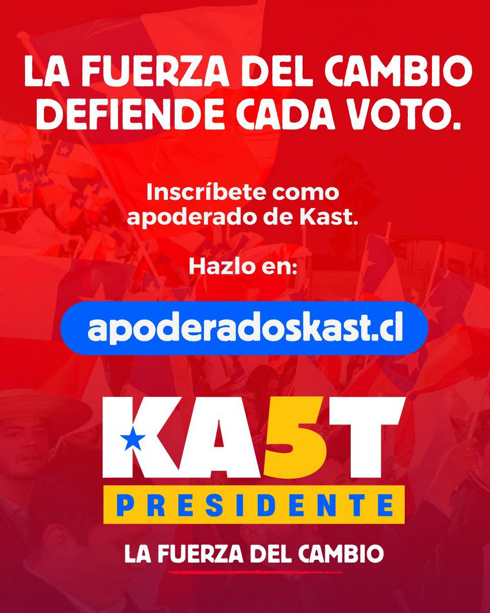 _¡Quedan 2 días!_🔥 
*¡No basta con votar, hay que cuidar el voto!*
Este 16 de noviembre, *Chile se juega su futuro.* 🇨🇱

Súmate como *Apoderado de Kast* y sé parte del equipo que hará historia 💪
Inscríbete ahora 👉 apoderadoskast.cl

La Fuerza del Cambio se defiende