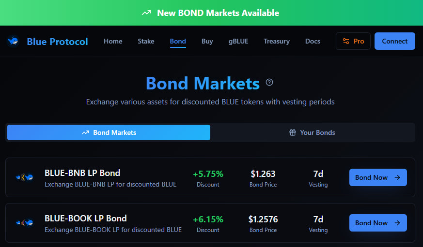 Two New BOND Markets are Live!

You can now bond BLUE-BNB LP or BLUE-BOOK LP to receive discounted BLUE with a 7 day vesting period

bluebnb.xyz/bond