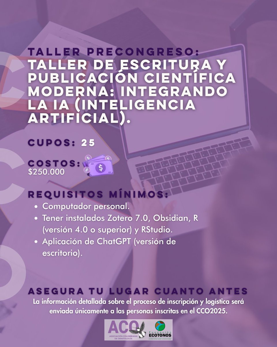 📝🤖 Taller de escritura científica con IA
Aprende a integrar inteligencia artificial en todo tu proceso de investigación y publicación.

📅 Precongreso | 👨‍🏫 PhD <a href="/rdpalacio/">Ruben Dario Palacio, Ph.D.</a>
💰 $250K | 🎟️ Cupos: 25

#CCO2025 #Ciencia #IA #PublicaciónCientífica