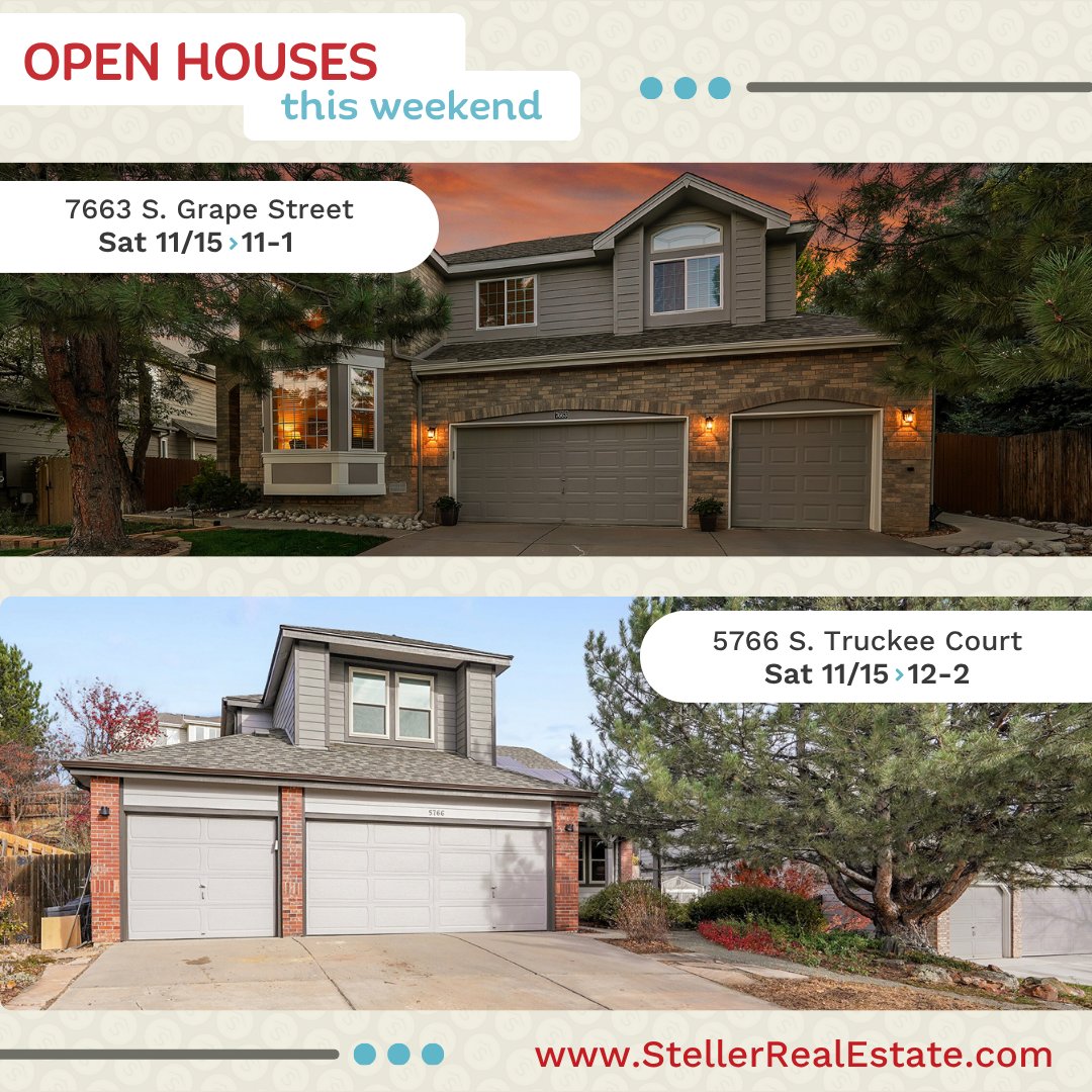 TheStellerGroup's tweet image. ✨ Open house weekend! From Centennial to Castle Rock to Fort Collins, explore beautiful homes full of charm and potential.

📍 Sat 11/15:
🏡 7663 S Grape St 11–1
🏡 5766 S Truckee Ct 12–2
🏡 25 Oakridge Dr 12–2

📍 Sun 11/16:
🏡 3113 Colony Dr 11–1

#OpenHouse #CORealEstate