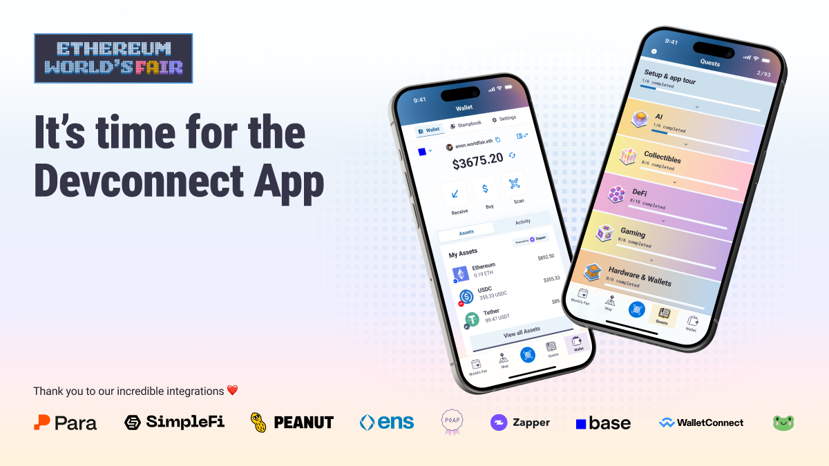 The Devconnect App is LIVE
Add it to your phone now 📲

- Navigate the venue and schedule
- Store tickets
- Complete quests
- Pay with any crypto wallet
- Powered by: <a href="/get_para/">Para ✴️</a>, <a href="/zapper_fi/">Zapper ⚡️</a>, <a href="/base/">Base</a>, <a href="/poapxyz/">POAP - Bookmarks for your life</a>, <a href="/joinpeanut/">Peanut</a>, <a href="/ensdomains/">ens.eth</a>, <a href="/SimpleFi_tech/">SimpleFi</a>, <a href="/WalletConnect/">WalletConnect | WalletCon 🇦🇷</a>, <a href="/ZupassProject/">Zupass</a>