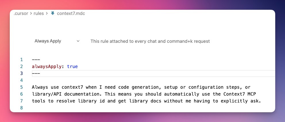 Context7AI's tweet image. Pro tip:
Stop typing `use context7` in every prompt.

Add a simple rule in your MCP client, and it will auto-invoke Context7 for any coding question — so you always get the right docs without asking.