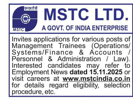 weareforyou365's tweet image. MSTC Ltd:  Management Trainees (Multiple Streams)

Organisation: MSTC Limited (Govt. of India Enterprise)
 Streams: Operations, Systems, Finance &amp;amp; Accounts, Personnel &amp;amp; Administration, Law.