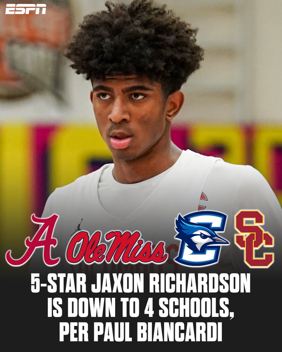 PaulBiancardi's tweet image. Recruiting News: Five-star prospect Jaxon Richardson tells ESPN that he has narrowed his choices to four schools: Alabama, Ole Miss, Creighton, and Southern California. @Jaxrich2342  

Richardson is one of the best athletes in the class, if not the very best.…
