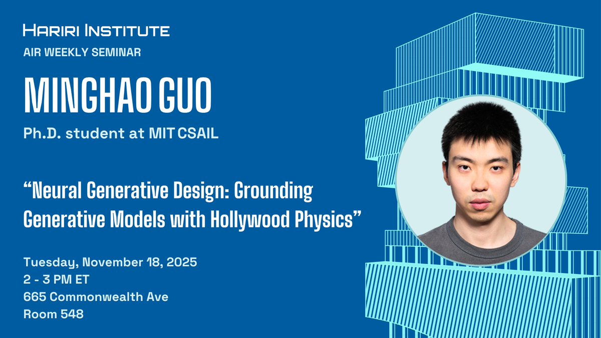 BU_Computing's tweet image. What if generative AI could invent designs that actually work in the real world? Minghao Guo reveals how “Hollywood Physics” grounds creativity in practicality at our next AIR Seminar—Nov 18, 2 PM.

Details: spr.ly/60127wXMs