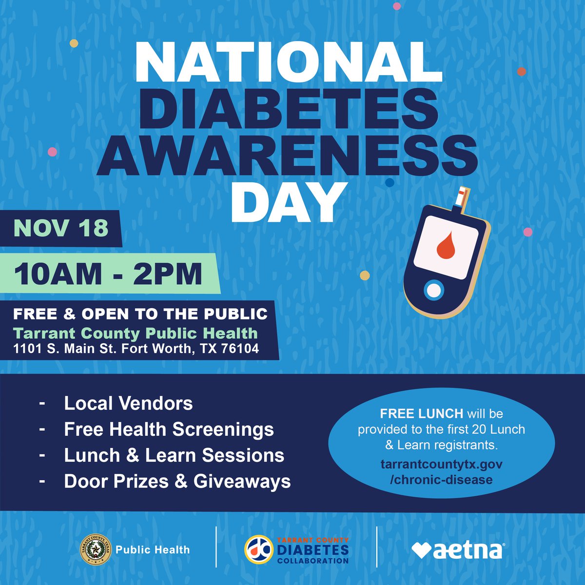 Save the date📅 November 18 is National Diabetes Awareness Day and we’re celebrating with a FREE Wellness Fair! Stop by for free screenings, wellness tools, diabetes prevention resources, and more — all to support your health journey. tarrantcountx.gov/chronic-disease