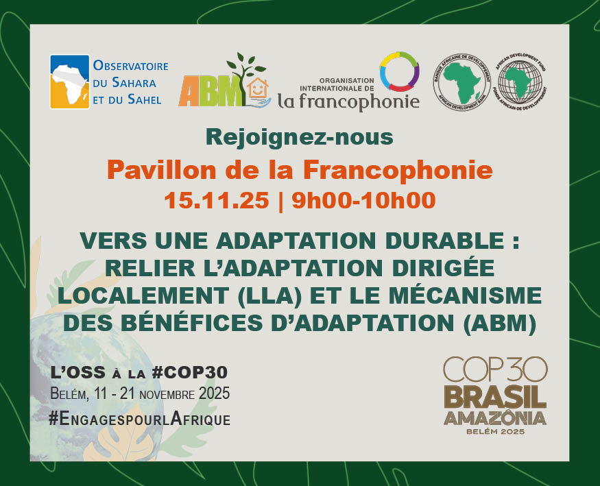 OSS_Comms's tweet image. #COP30 — Vers une  adaptation durable dans l’espace francophone ! 
Rejoignez-nous au Pavillon de la Francophonie pour explorer l’articulation entre l’Approche Localement Pilotée de l’Adaptation (LLA) et le Mécanisme des Bénéfices d’Adaptation (ABM).
⏰ 09h00–10h00