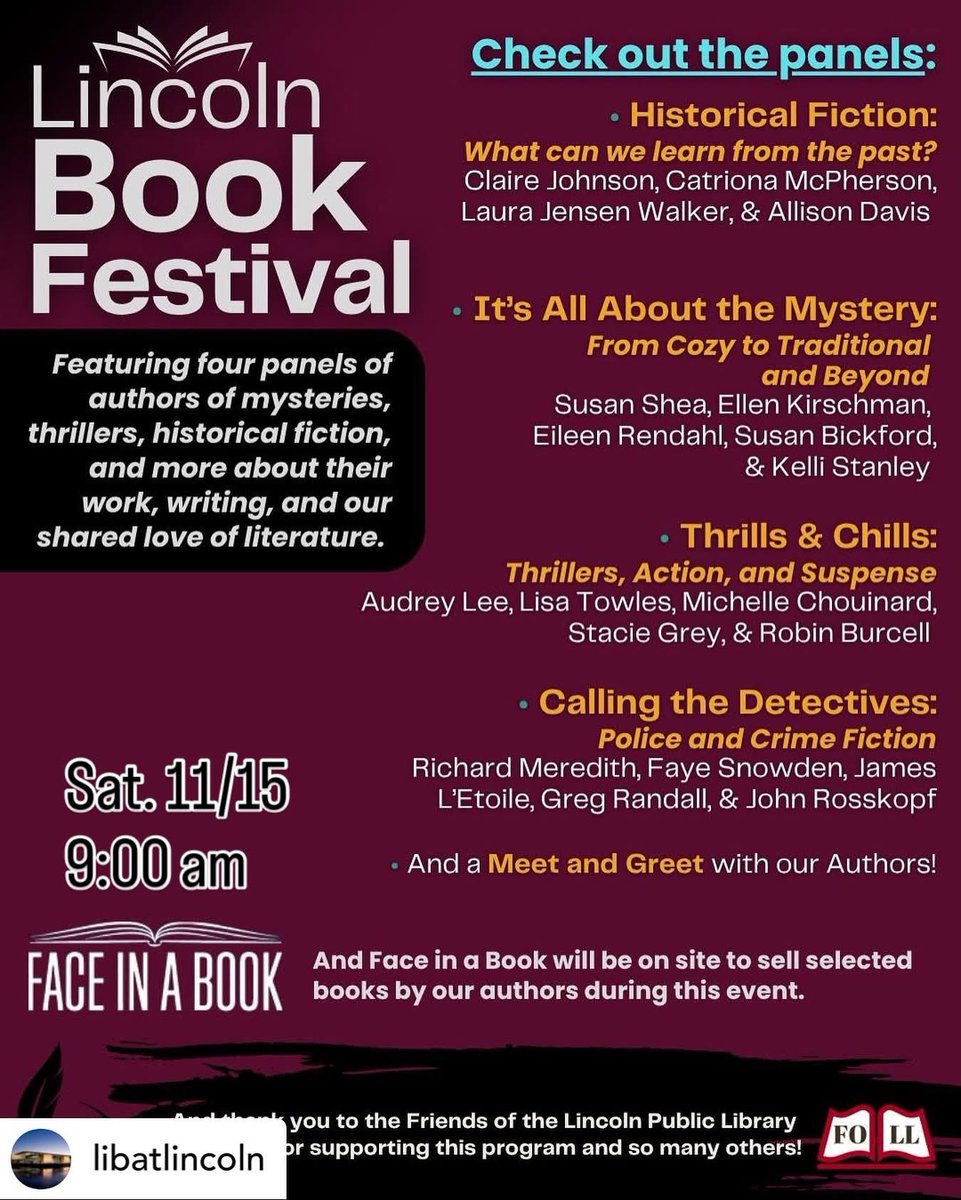 No rain in the forecast on Saturday—but a downpour of authors is expected at the Lincoln Public Library for their second annual Lincoln Book Festival. Doors open at 9:00 and it’s free! Check out this panel lineup!
<a href="/faceinbooks/">Face in a Book</a> <a href="/NorCalMWA/">NorCal MWA</a> 
#BookTwitter #bookevents #authors