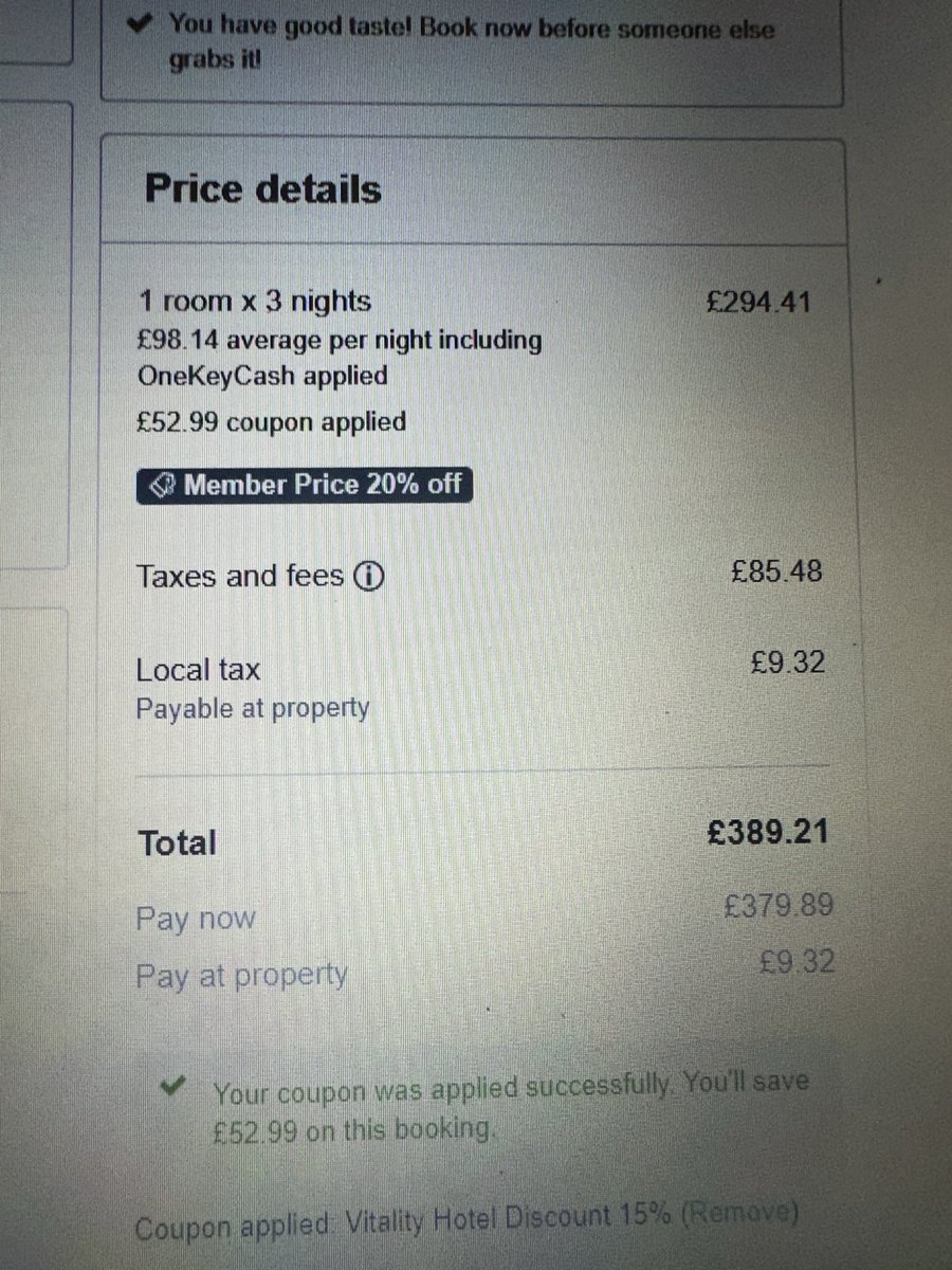 Menopause7Rules's tweet photo. @Expedia @ExpediaHelp Applied the vitality discount on £442, total comes to 389.21 (with breakfast). 3/ https://t.co/KZvb5mfi9q