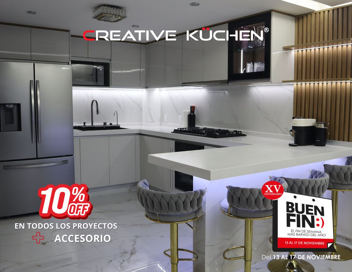 CreativeKuchen's tweet photo. ¡Atención amantes del diseño! 🔥
Creative Küchen trae para ti 10% OFF en todos los proyectos + accesorio de regalo durante el Buen Fin.
Del 13 al 17 de noviembre. ¡No dejes pasar esta oportunidad!
#BuenFin #Promociones #Descuentos #Sales #promotions https://t.co/xcW4xCZF4e