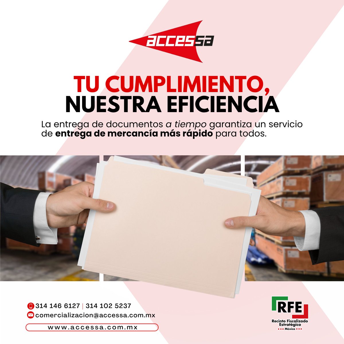 AccessaLogistic's tweet image. ¡Agiliza tus procesos con Accessa RFE! 🚀

La entrega a tiempo de tus documentos (pedimento y maniobra de carga) es clave para una salida de mercancía más rápida y eficiente. Tu cumplimiento, nuestra eficiencia.✅

📞 314 146 6127 | 314 102 5237
📧 comercializacion@accessa.com.mx