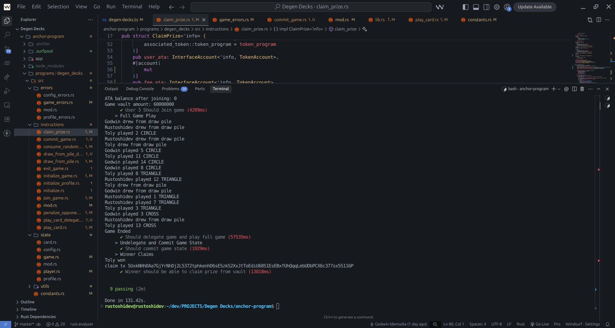 rustoshidev's tweet image. Day 5

Building my @solanaturbine capstone project, Degen Decks, the first @solana powered Whot Game

Contract finally complete.

I ran into some issues with @magicblock ephemeral rollup integration that took me days to fix.