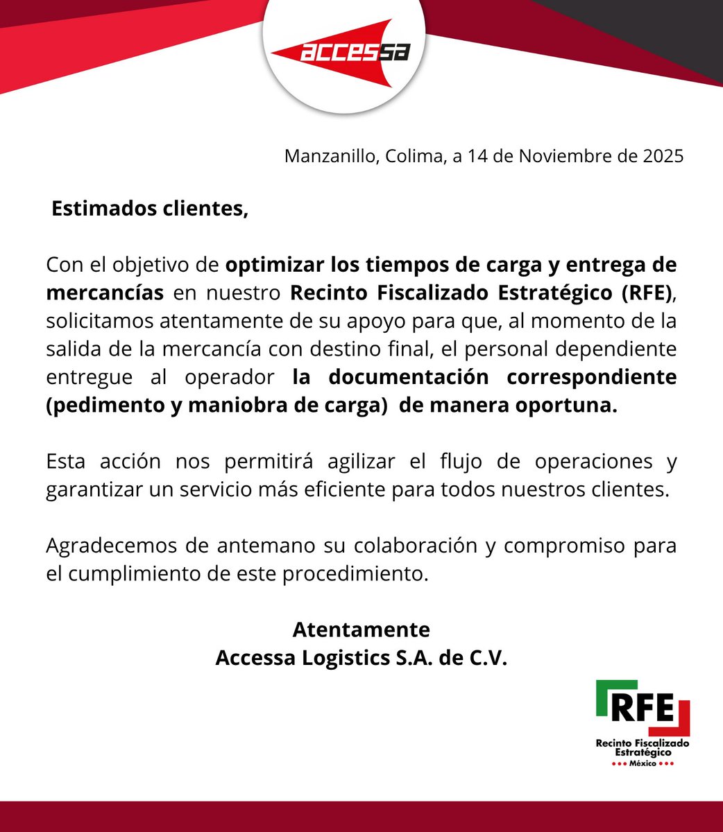 AccessaLogistic's tweet image. 🔹 Reforzando la dinámica de nuestro servicio, compartimos el siguiente comunicado emitido, solicitando de su apoyo para continuar fortaleciendo nuestras operaciones.

#Comunicado #ParaSuConocimiento