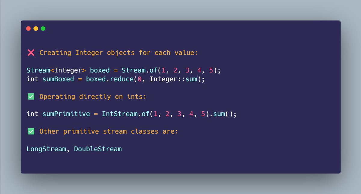 mario_casari's tweet image. 💡 Java tip: Avoid boxing overhead by using primitive streams.
#Java #JavaDev