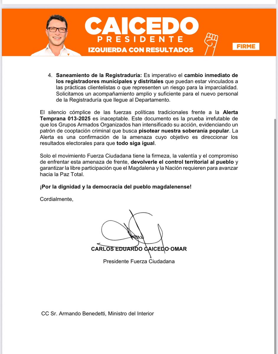 DENUNCIA URGENTE

Presidente <a href="/petrogustavo/">Gustavo Petro</a>, instituciones del Estado y comunidad internacional:

En el Magdalena se ejecuta una operación sistemática para arrebatar por la fuerza lo que no logran en las urnas.

El alcalde Pinedo —en cuyas manos Santa Marta ha retrocedido— aliado