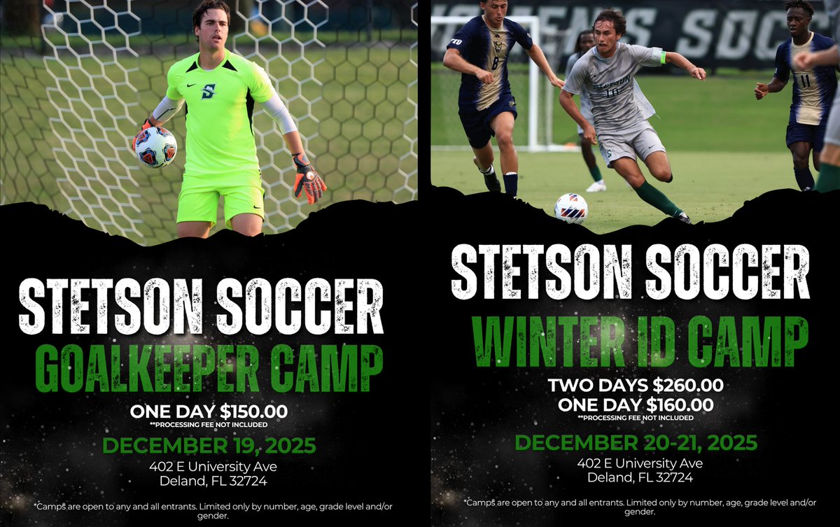 🚨 Stetson Winter Soccer Camps Are Open!
🧤 GK Camp — Dec. 19 (5th Grade-12th Grade)
⚽ ID Camp — Dec. 20–21 (9th Grade–College)

Train with our staff, compete, and experience soccer the Hatter way!

Register ➡️ HattersSoccerCamps.com

#GoHatters | <a href="/StetsonHatters/">Stetson Hatters</a>