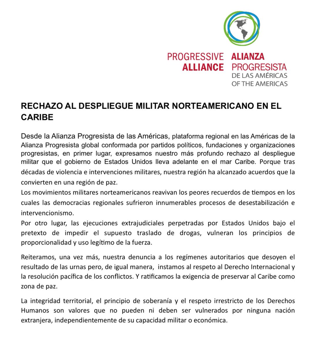 EL CARIBE ES ZONA DE PAZ!

Repudiamos la militarización norteamericana del mar Caribe. La lucha contra el narcotrafico y el reclamo por la democracia en la región no pueden ser excusa para la vulneración de la soberanía y el imperio de los derechos humanos.