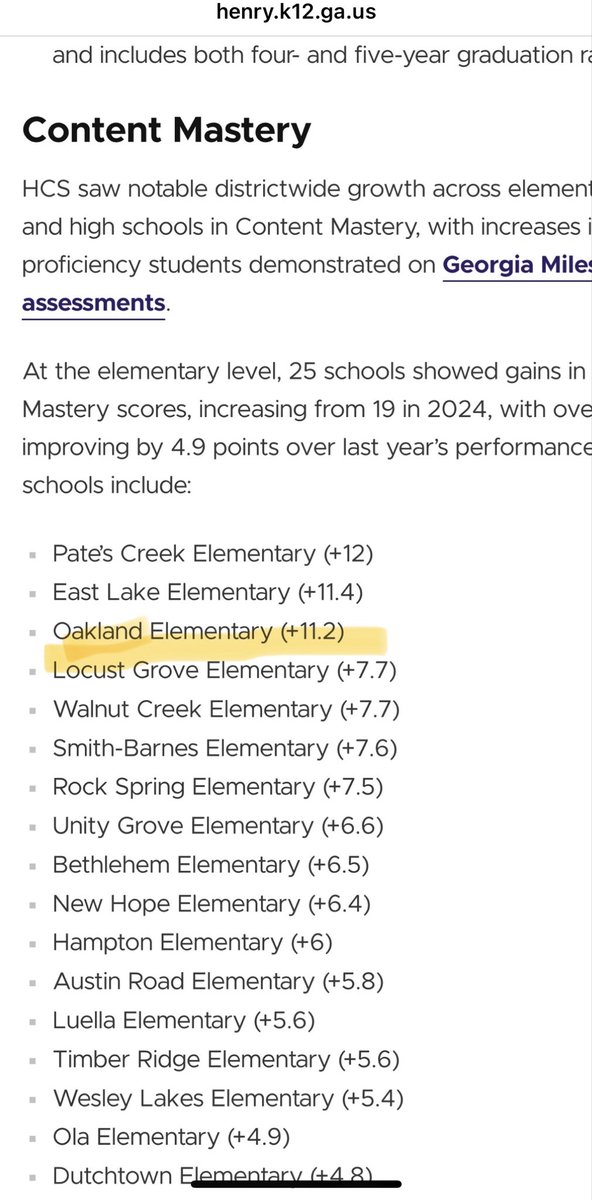News Flash! <a href="/OAK_HCS/">Oakland Elementary</a> leads Henry County Elementary Schools in Closing the Gaps and Readiness Growth based on CCRPI data. 
Read more: bit.ly/48a4kWC <a href="/KenyattaA1913/">Kenyatta Anderson</a> <a href="/DrKeshaJones1/">Dr. Kesha L. Jones</a> <a href="/kristi84967/">Kristi Mathis</a> <a href="/OdomCynthi36503/">Cynthia Odom</a>