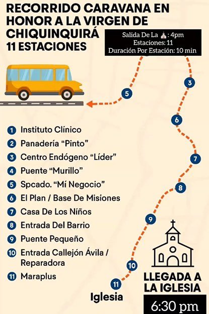 A todos los vecinos, amigos, invitados o cualquiera que desea acercarse a celebrar mañana 15 de NOV la Caravana en honor a la Virgen de Chiquinquira en <a href="/IglChiquinquira/">Iglesia Chiquinquirá</a> . 
Salida 4pm para hacer el acostumbrado recorrido por la parroquia y únete con tu vehículo 
“ LOS ESPERAMOS”