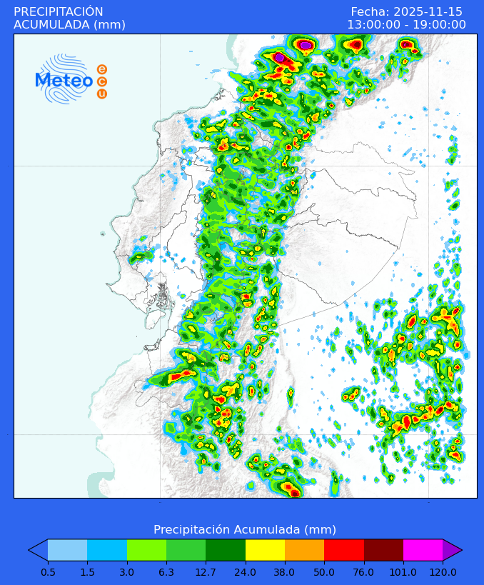 Pronóstico meteorológico de precipitación acumulada en #Ecuador para la tarde del sábado 15 de noviembre de 2025