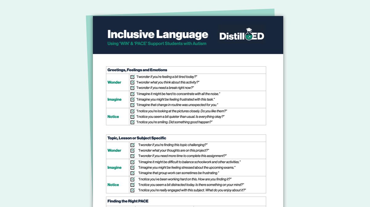 Two practical frameworks help:

WIN — Wonder, Imagine, Notice — a gentle, low-pressure way to prompt reflection.

PACE — Predictable, Affirming, Calm, Explicit — a model that “removes the hidden rules of classroom talk.”

Grab the resource in the post. (6)