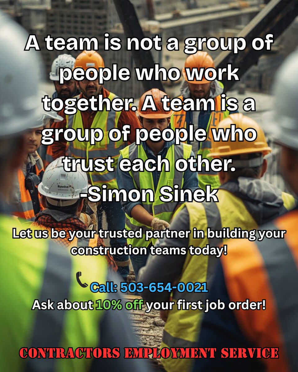 ces_workzone's tweet image. Building trust. Building teams. Building success. At C.E.S., we’re more than a workforce — we’re your partner for reliable crews. Call today for 10% off your first job order! 📞 503-654-0021 🌐 cesworkzone.com ✉️ info@ctesworkzone.com