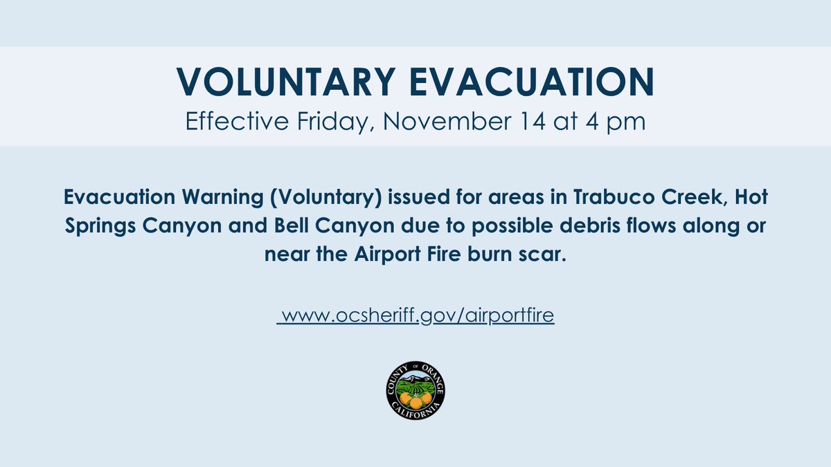 Evacuation warning from our partners for areas near the Airport Fire burn scar.