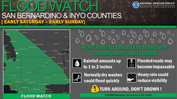 Heavy precipitation is expected in the Death Valley area from Friday night through Saturday night. Flooding is possible, so please plan for delays and avoid driving through water. For the most accurate updates, check the National Weather Service.