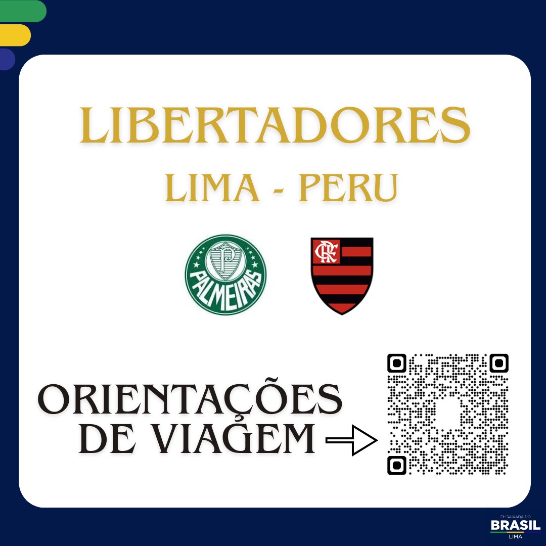 Vem para a final da Libertadores? Fique atento às orientações de viagem disponíveis no QR  Code e no link a seguir: gov.br/mre/pt-br/emba…