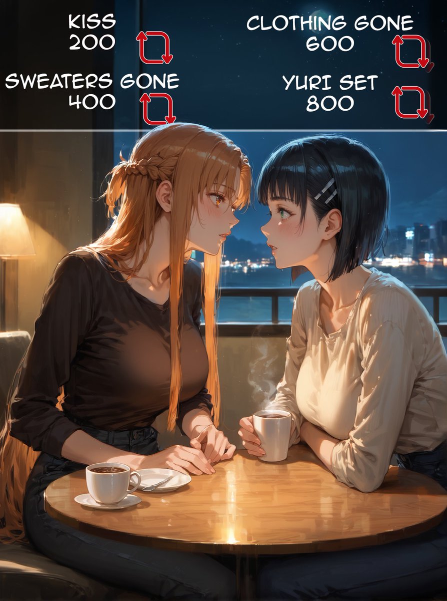 Asuna and Suguha meeting up to talk about uh, future adventures. *cough*. And uh, Kirito, I guess? *cough*. 100% dedicated to the furtherance of those type of things and not realizing something else. *Cough*

SFW Illustration