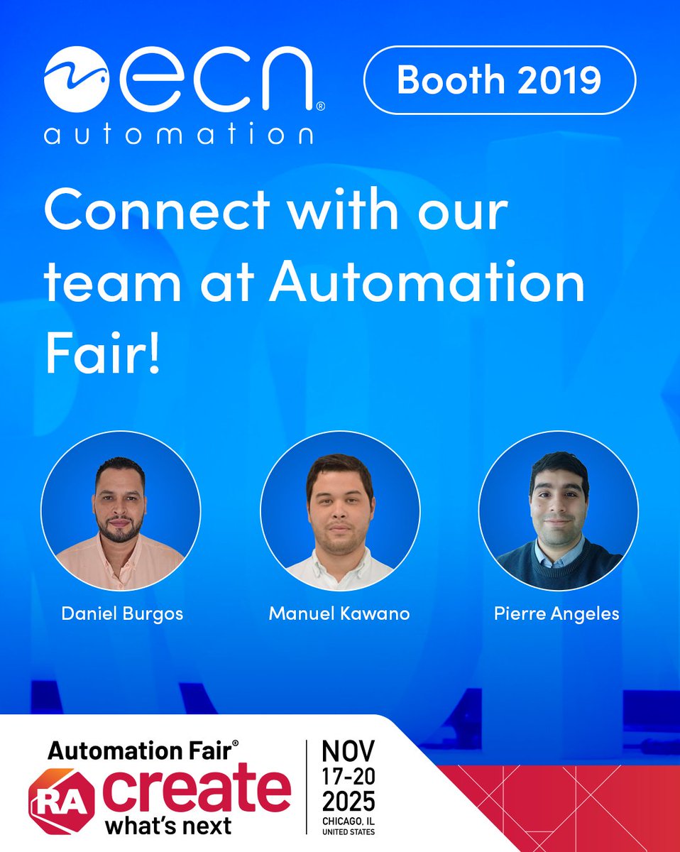 ECNautomation's tweet image. 2 days left — see you at Automation Fair 2025!
Meet more of our team! Stop by and connect with the people driving innovation behind our solutions.

Daniel F. Burgos Guzmán (Business Development Manager - Mining), Manuel Kawano (Account Manager), and Pierre Angeles León (Account…
