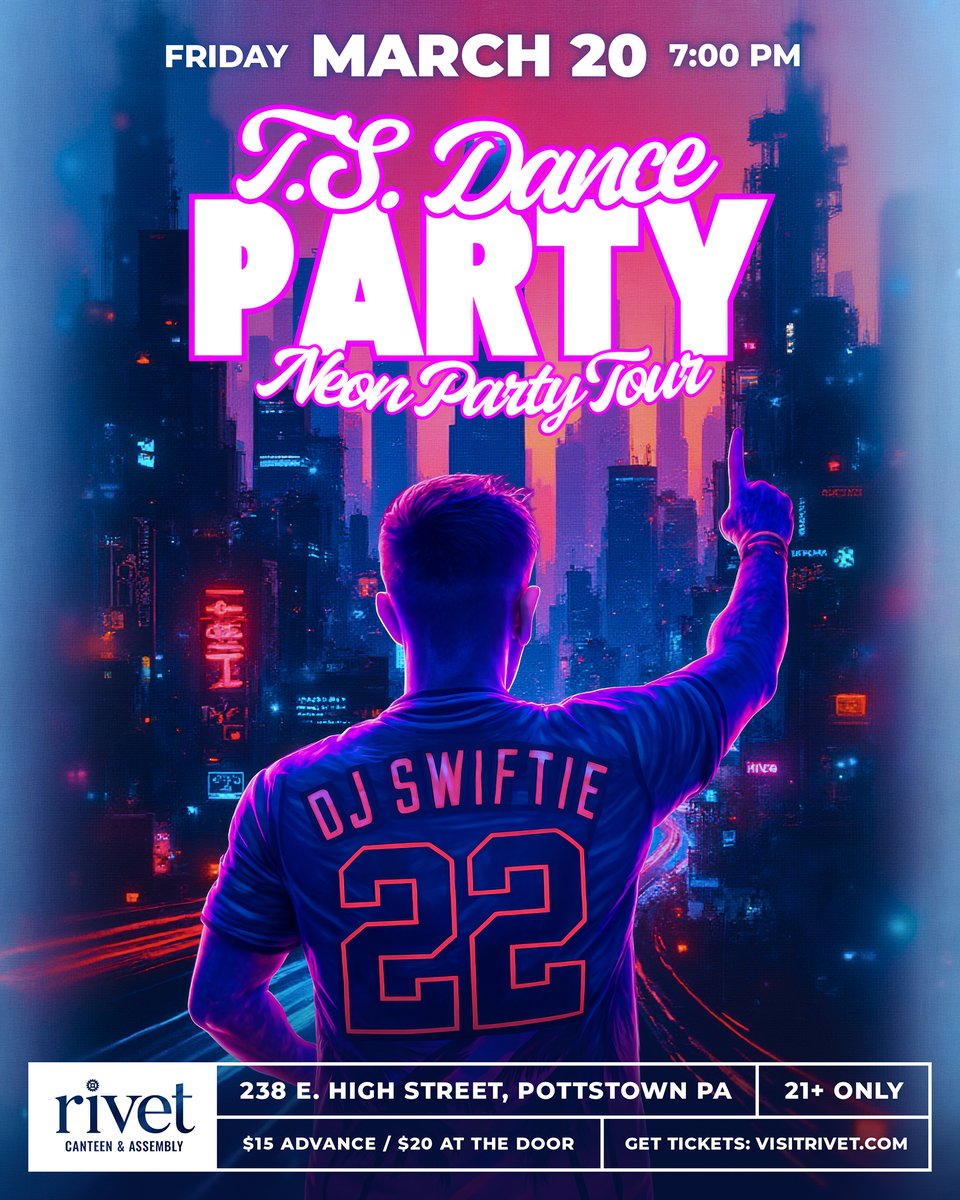 JUST ANNOUNCED: The Neon Party Tour comes to Rivet on Friday, March 20! Get ready to party like it’s 1989 as DJ Swiftie spins your favorite Taylor hits throughout the night. Bring your besties and let's make the whole place shimmer!

🎟️ Tickets &amp; Details: ticketweb.com/event/dj-swift…