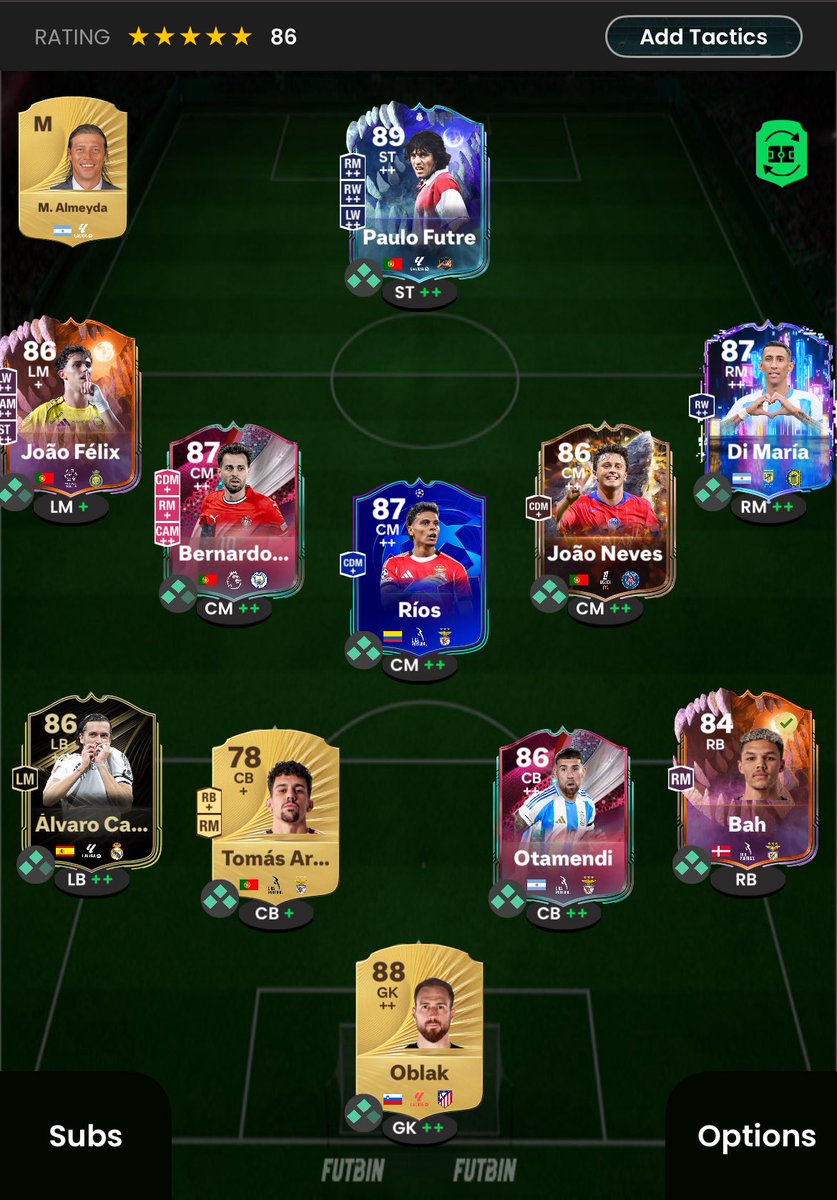 Current Benfica P&amp;P Squad 😍

Neres SBC also coming soon too and then just wait for Aimar, another CB (Ruben Dias 👀) and eventually buy the king Eusebio 👑

Simply tired of running a full NPC squad so hopefully this adds some fun to the game.