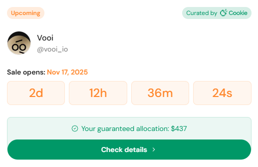 DayyNode's tweet photo. Got a $437 guaranteed allocation for @vooi_io 

Not huge for a Diamond staker, but I’ll take it

Still jumping into the public sale too

Feels like something big is brewing https://t.co/fygTnJPBBf