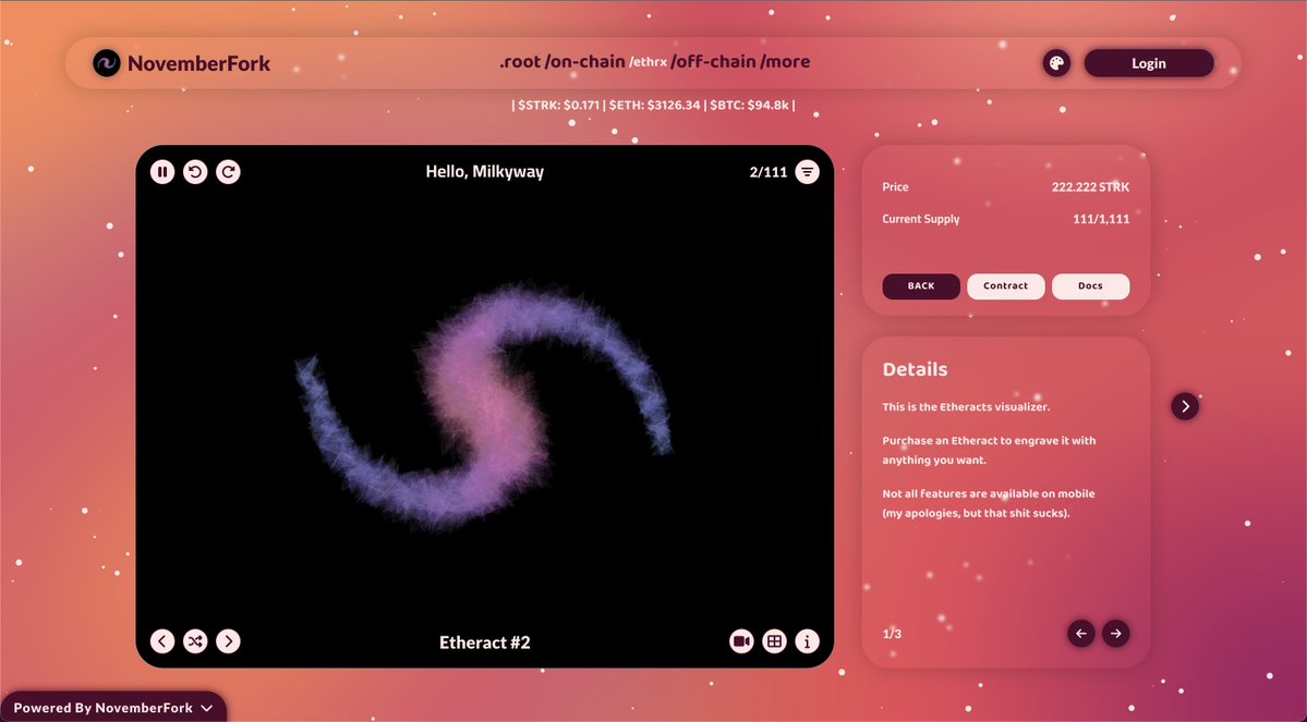 Hello world!

I’m happy to announce that the Etheracts collection and visualizer are finally live on <a href="/Starknet/">Starknet (BTCFi arc)</a> and public minting starts next week!

10% is reserved for Starknet’s OG (8) users. If that’s you, follow me, like/retweet this post, then comment your Starknet address
