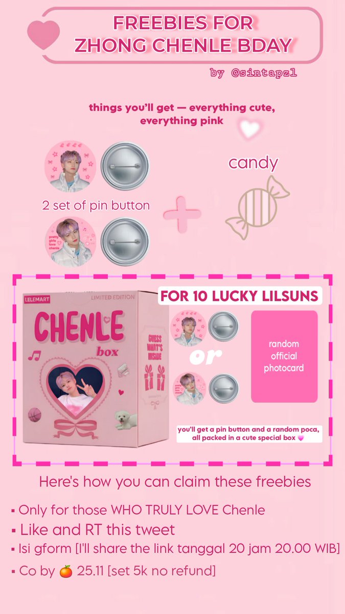 sintapzl's tweet image. like &amp;amp; rt are appreciated 💓

Special freebies for Chenle's bday by @sintapzl 

♡ check claim details on pic
♡ limited qty
♡ links will be sent 20 november, 8 p.m
♡ 10 lucky lilsuns yang dapet box aku pilih random

GOOD LUCK !!!