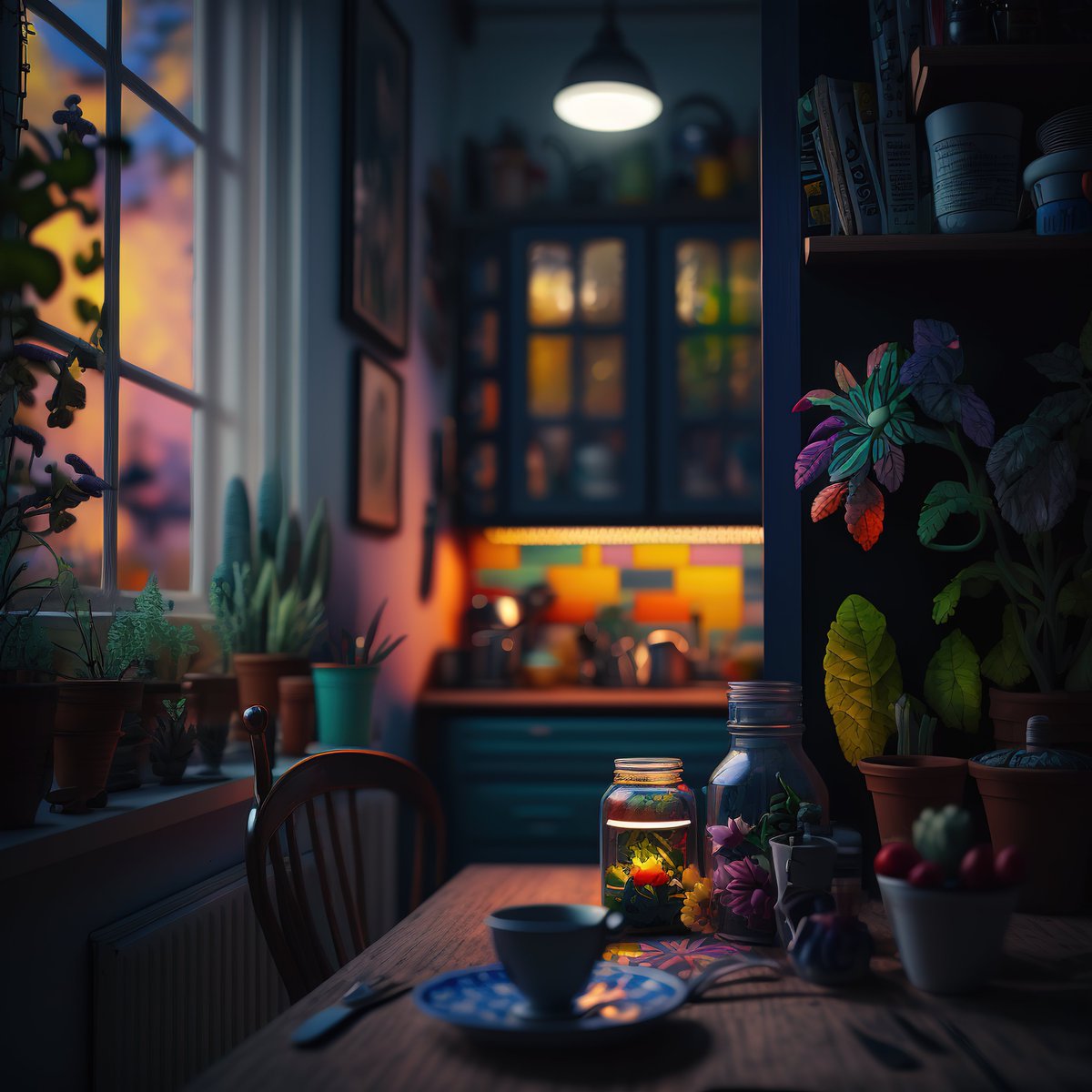 NoBanksNearby's tweet image. 5:27 AM - soft blues and oranges peek through the window. This quiet kitchen, filled with plants and the promise of a new day, is about savoring these stolen moments before the world awakens. Be here.

#CryptoArt #AlgorithmicArt #PresentMomentArt #1440Minutes #Midday